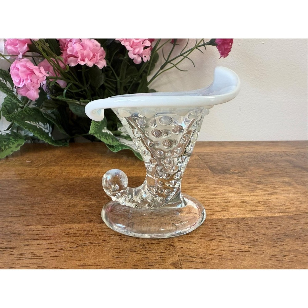 Opalescent Hobnail Cornucopia Vase Clear and White Art Glass Wedding Centrepiece
